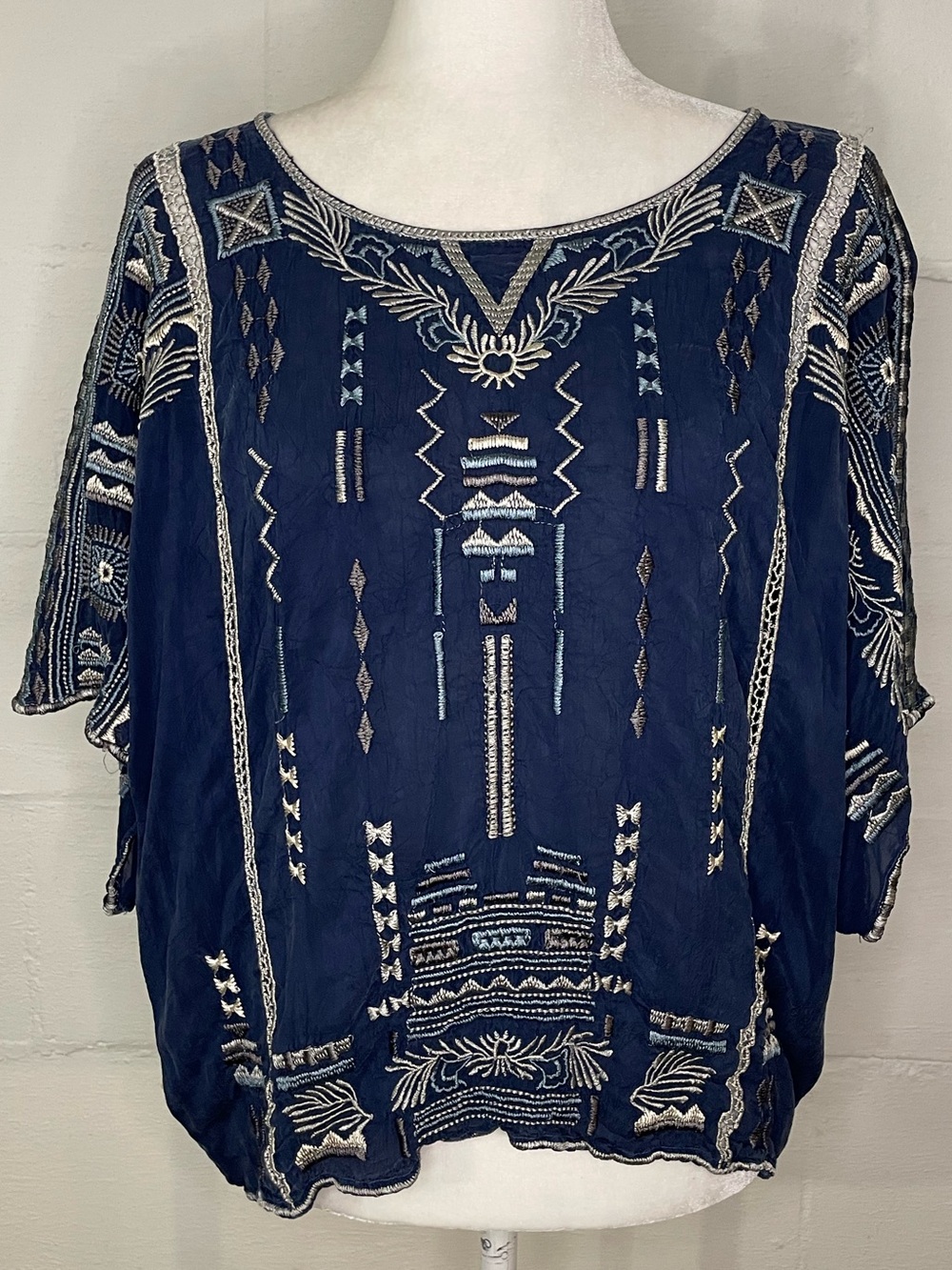 Johnny Was Navy Blue Embroidered Boho Tunic